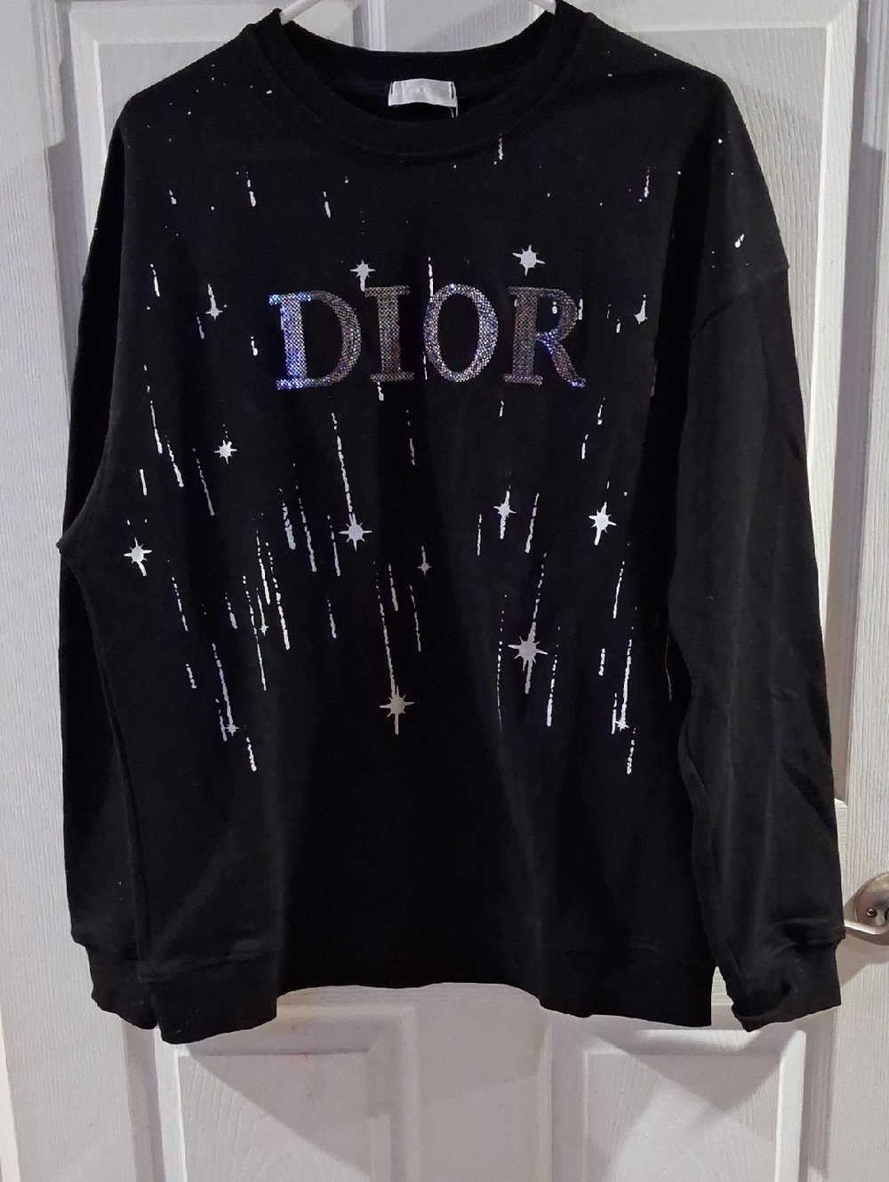 NWT Dior Black Sequin Logo Pullover with Silver Starburst Accents Unisex